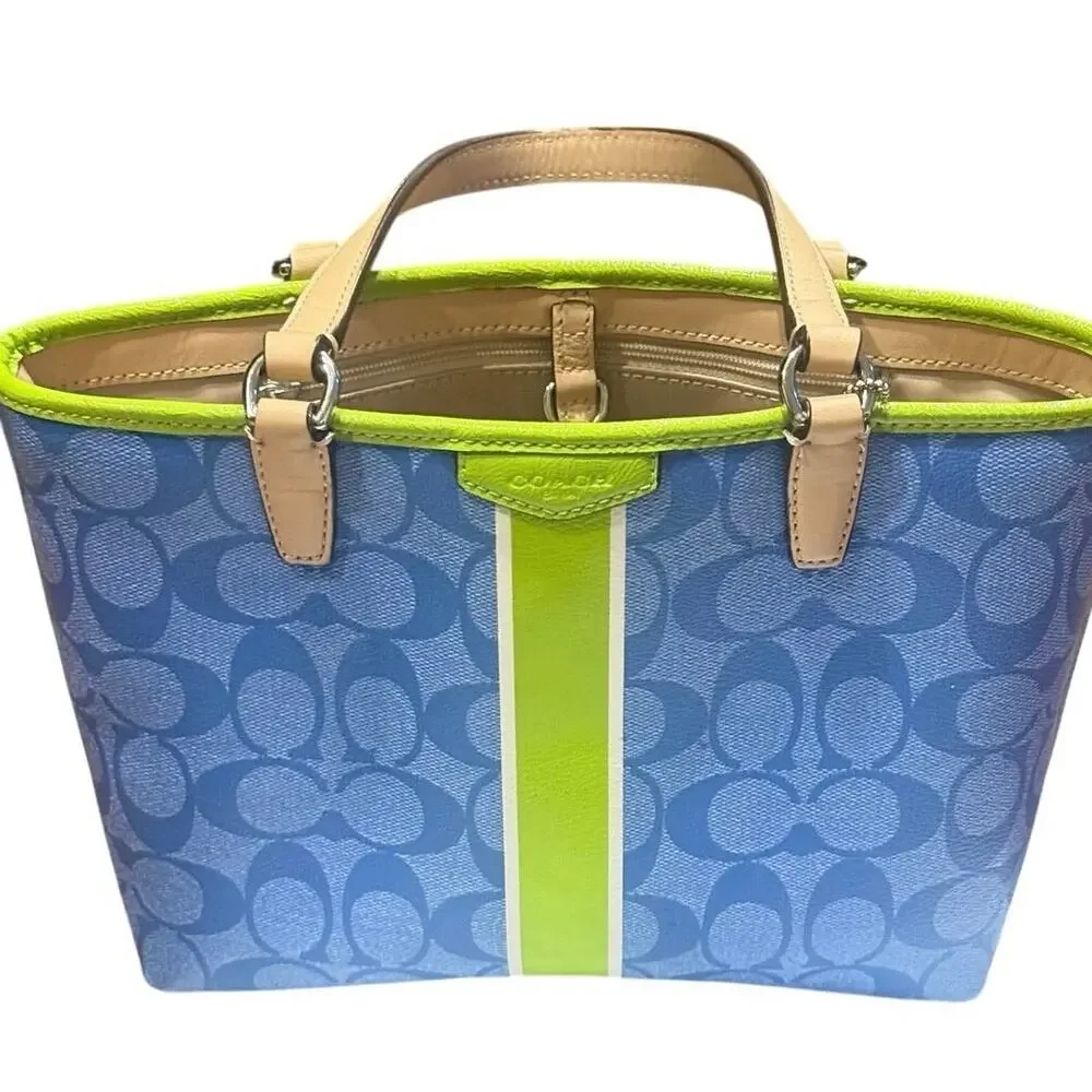 Coach Signature C Momogram Stripe Mini Tote Blue Green Canvas Authenticated